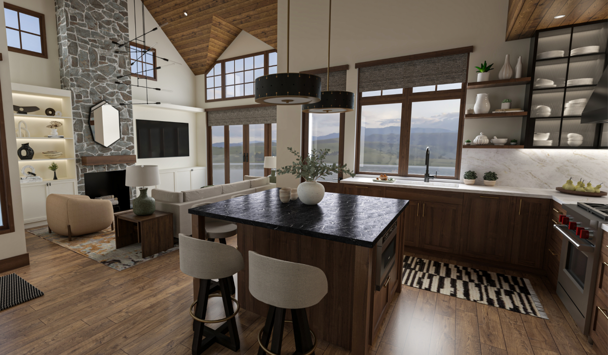 Coddington-design-tahoe-interiors-kitchen-living-light-fixtures-black-pendants-quartz-backsplash-tiles-runner-area-rug-sectional