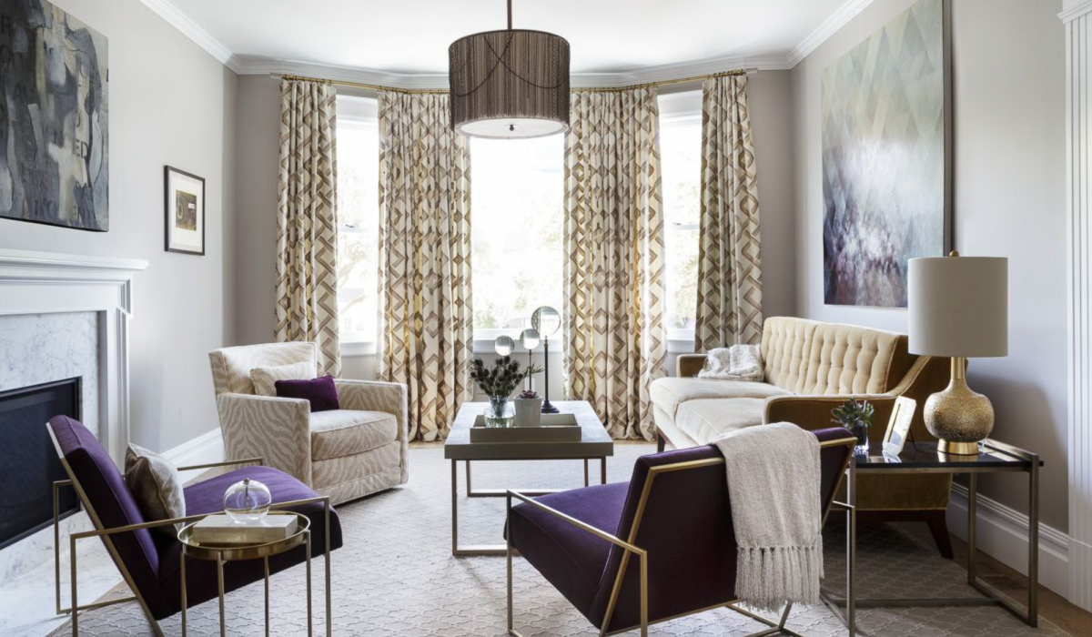 Coddington-San-Francisco-Statement-Artwork-Pink-Millwork-Living-Room-Fireplace-Chandelier-Refined-Luxe-Interior-Design-Velvet-Purple-Drapery-Brass