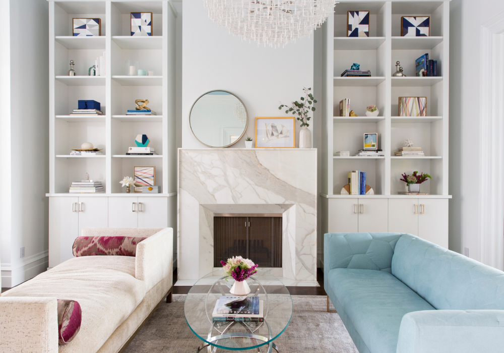 coddington-design-san-francisco-bay-area-interior-design-in-2023-modern-living-room-blue-couch-custom-built-ins-marble-fireplace-chandelier