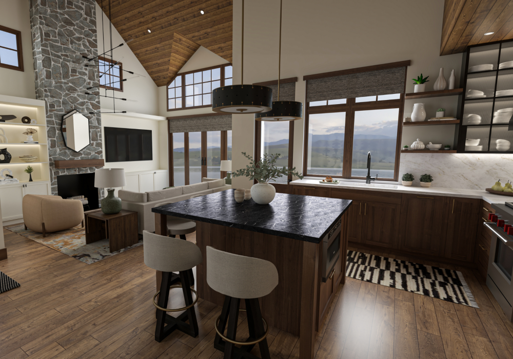 Coddington-design-tahoe-interiors-kitchen-living-light-fixtures-black-pendants-quartz-backsplash-tiles-runner-area-rug-sectional