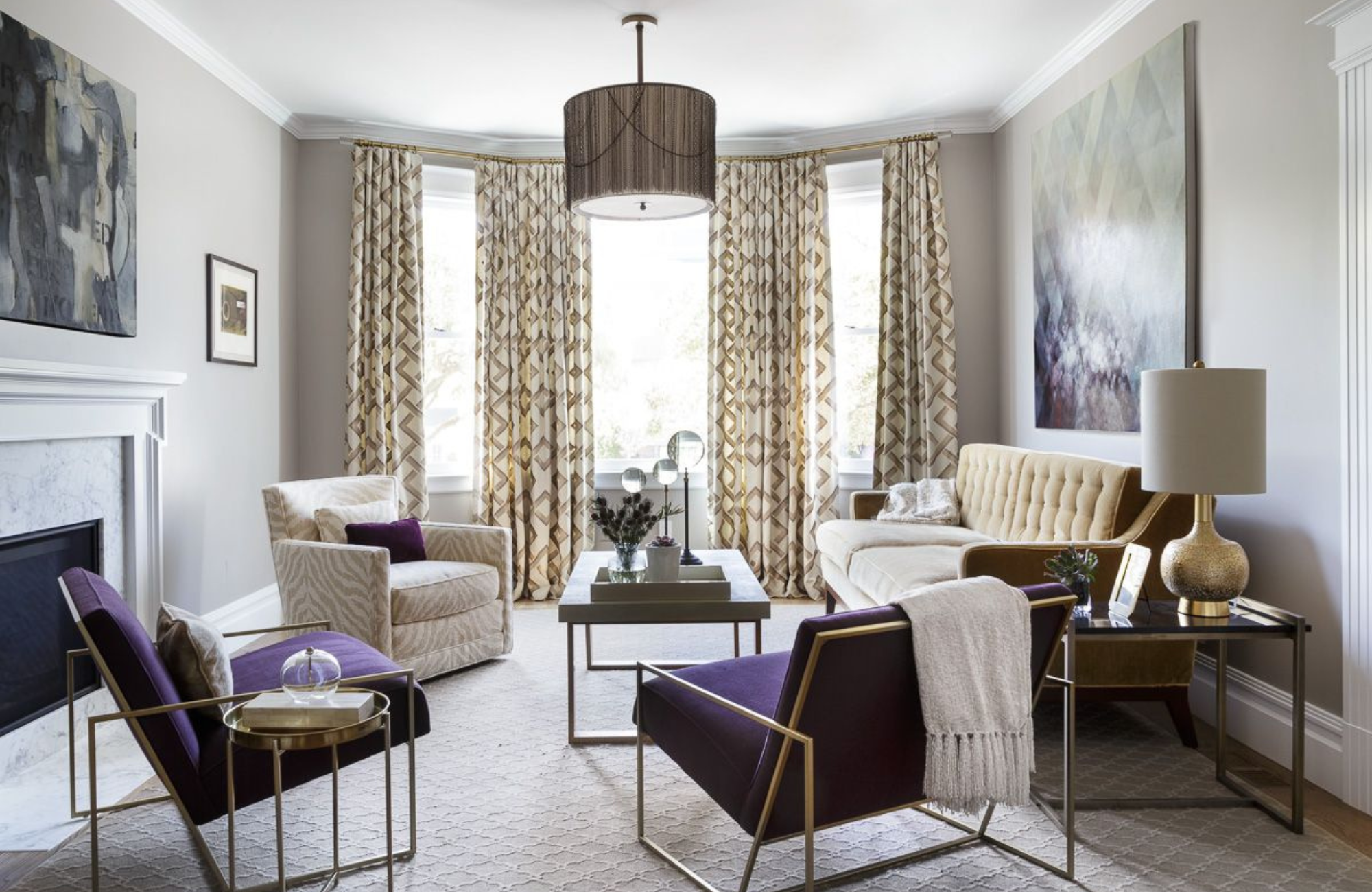 Coddington-San-Francisco-Statement-Artwork-Pink-Millwork-Living-Room-Fireplace-Chandelier-Refined-Luxe-Interior-Design-Velvet-Purple-Drapery-Brass