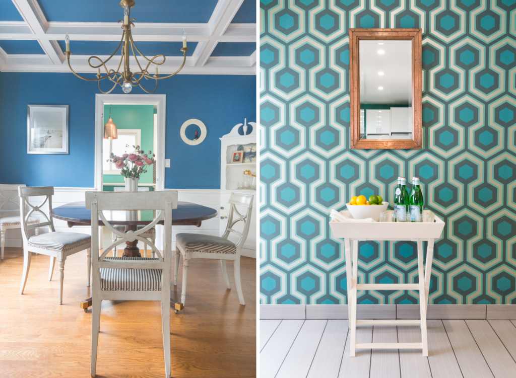 Coddington-Bay-Area-Kitchen-Wallpaper-Oakland-Hills-Sculptural-Lighting-Blue-Paint-Decor-Dining-Room-White-Millwork-Table-Teal 