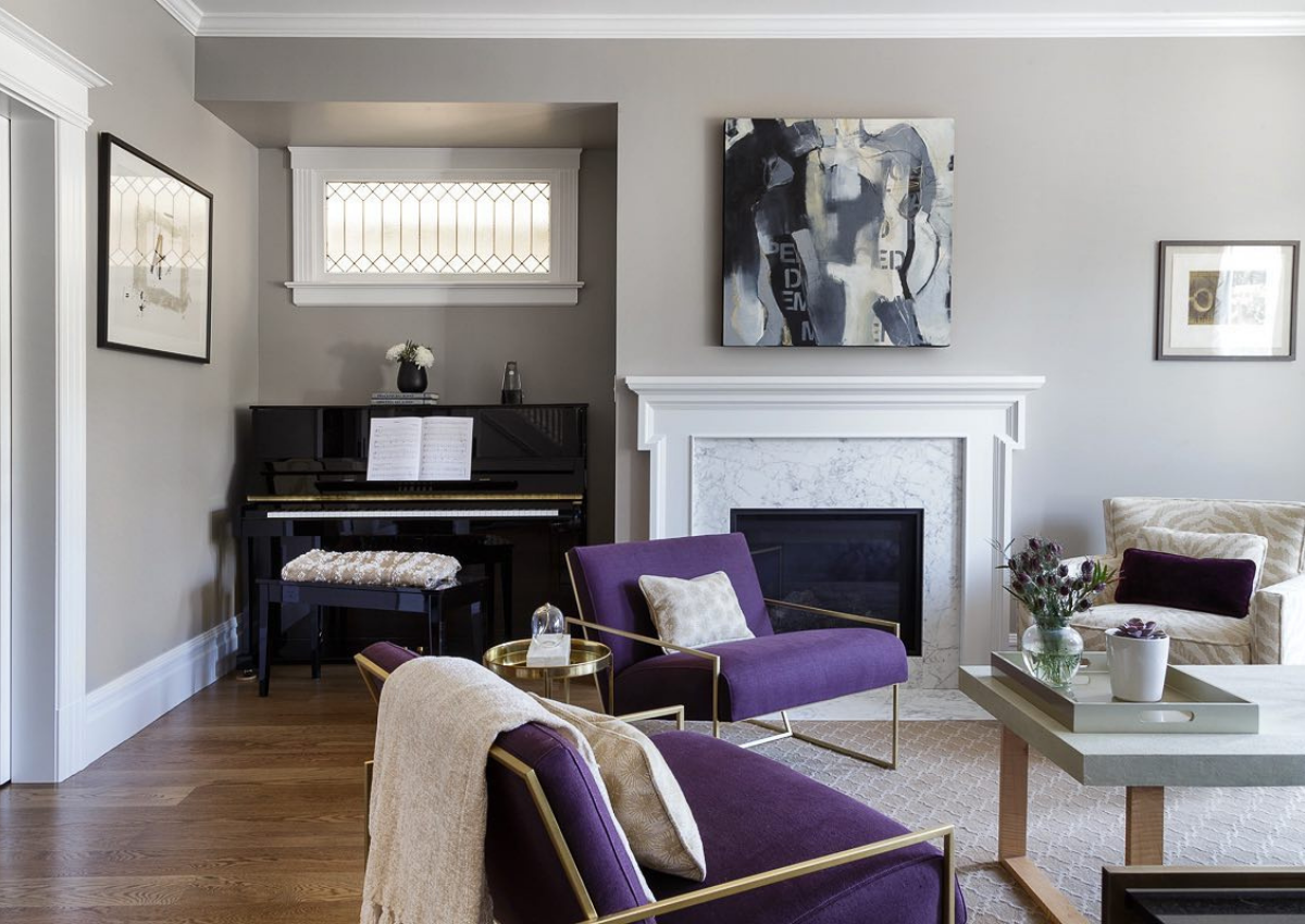 Coddington-Design-Bay-Area-San-Francisco-Home-Design-Interior-Designer-Purple-Chairs-Fireplace-Piano-Sitting-Area
