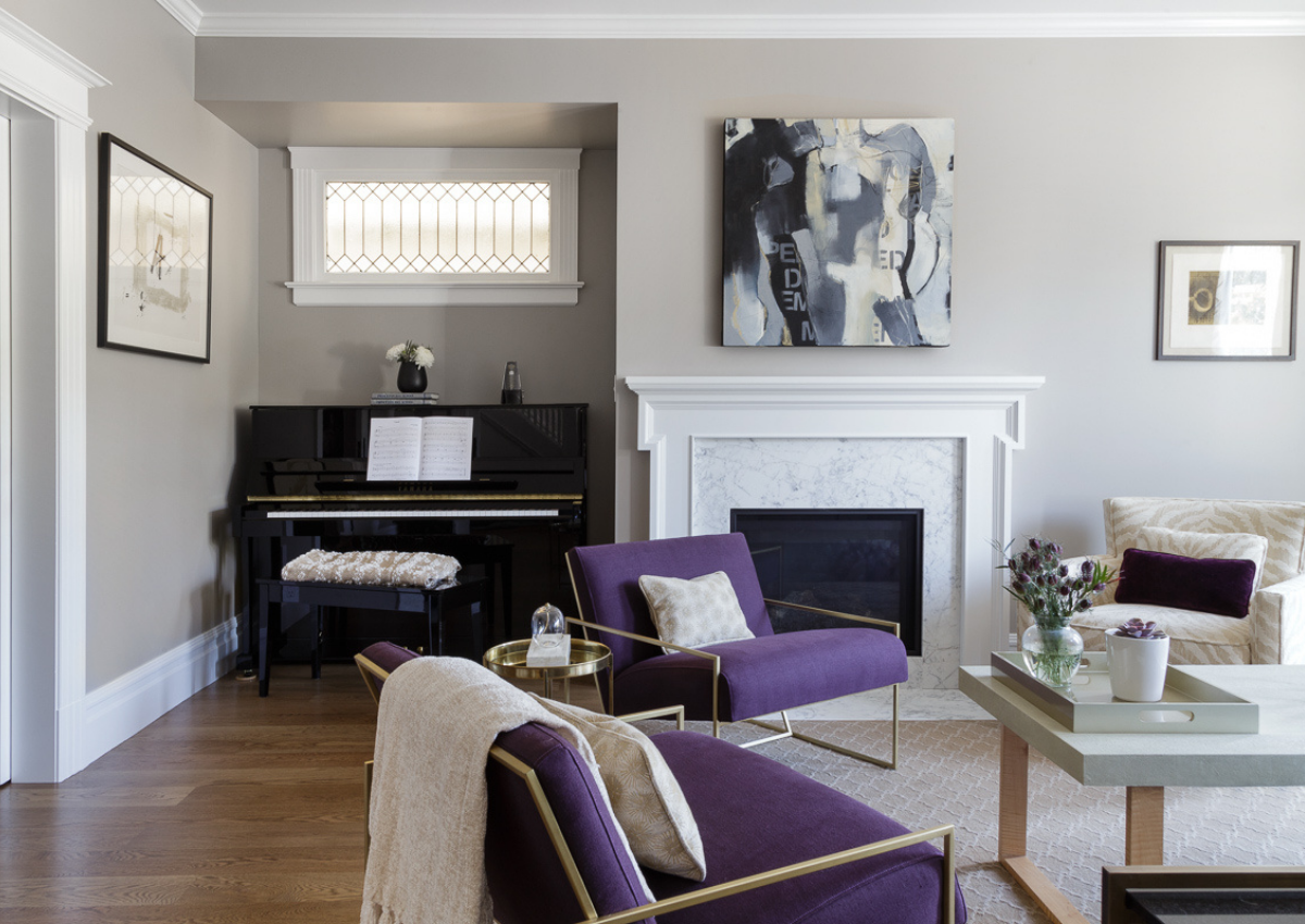 Coddington-Design-Interior-Design-Bay-Area-Purple-Accent-Chair-Piano-White-Fireplace