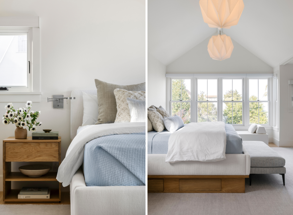 Coddington-SF-Modern-Bay-Area-Window Settee-Bedside-Tables-Bedroom-Serene-Cool-Soft White-Pastel Blue-Sconces-Pendants-Bright-Detail-San-Francisco-bedroom-design