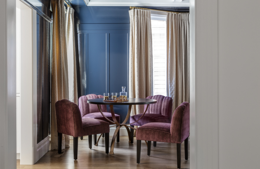 Coddington-bay-area-board and batten-elegant-interiors-velvet-purple-dining table-navy-drapery