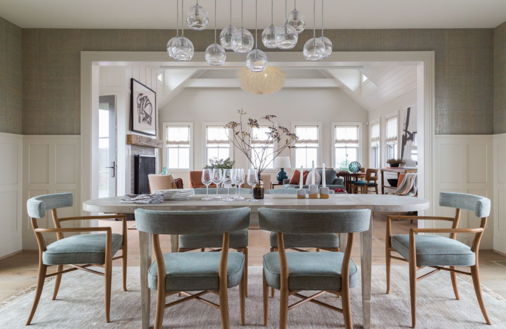 Coddington-bay-area-fresh-transitional-glass-chandelier-area rug-dining-chairs-sea blue-dining-table