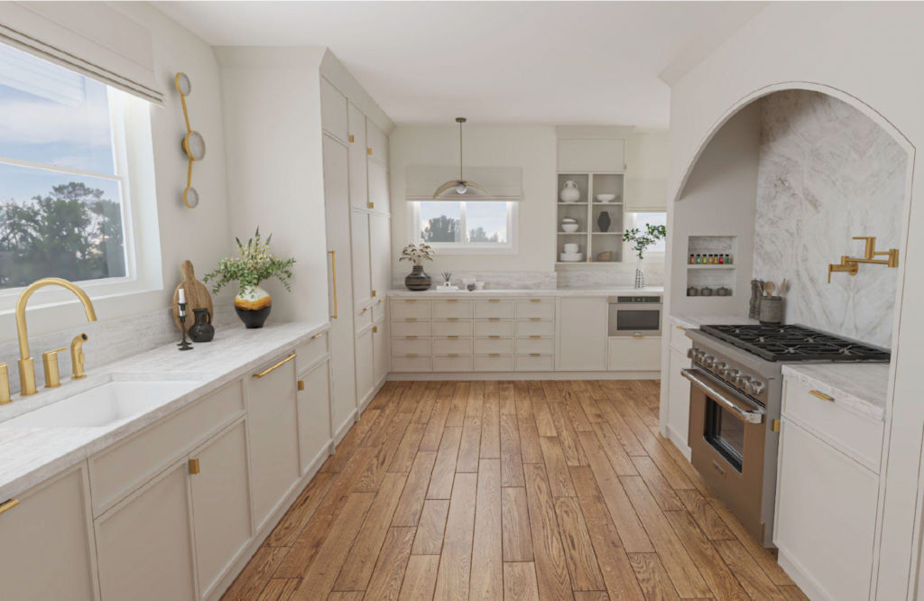 Coddington-bay-area-oakland-hills-kitchen-design-range-stove-fixtures-brass-matte-windows-storage-marble-interiors-white-dove-gray