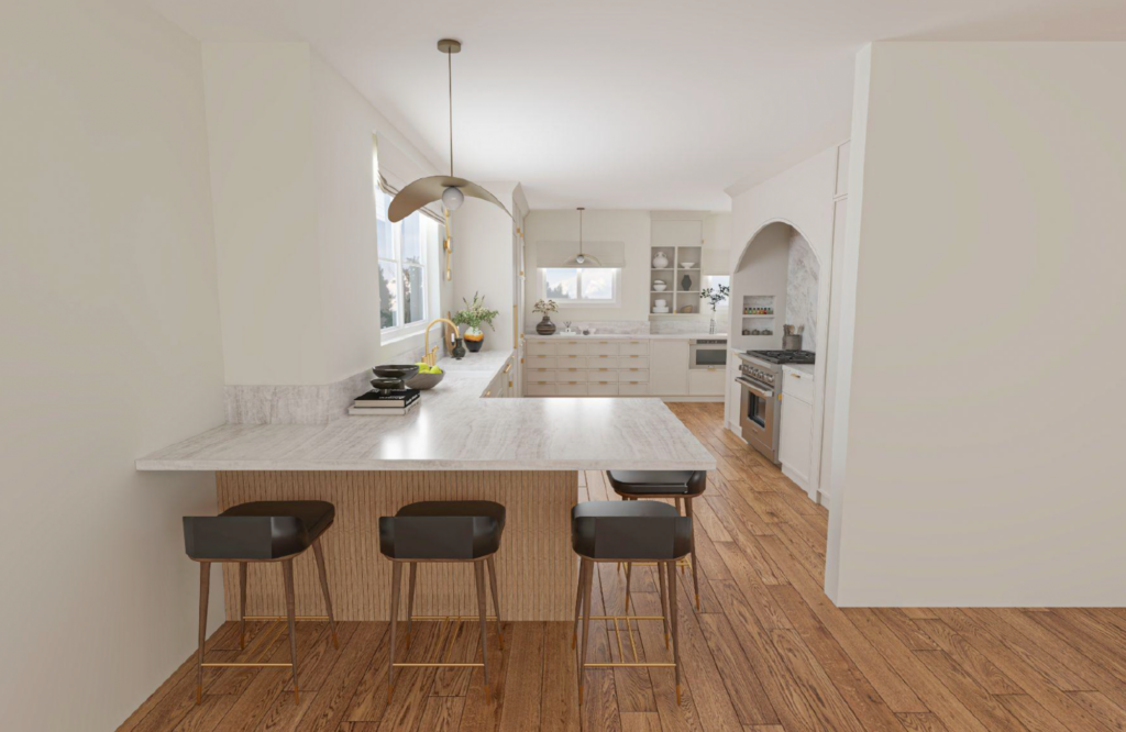 Coddington-bay-area-oakland-hills-kitchen-design-range-stove-fixtures-millwork-counter-stools-brass-matte-peninsula-classic-marble-counters-interiors