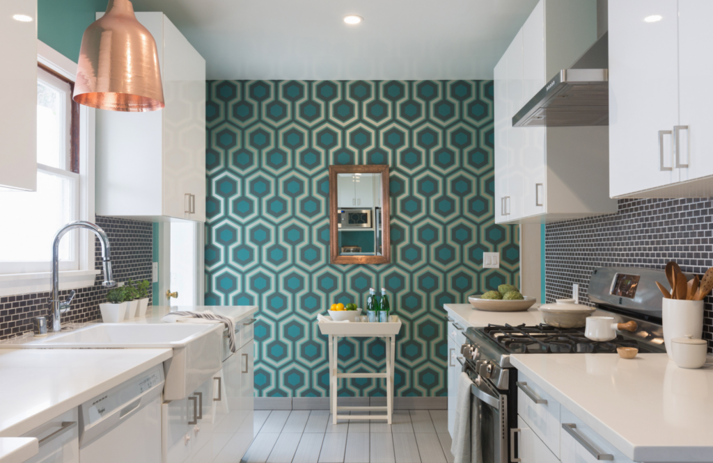  Coddington-bay-area-oakland-hills-kitchen-teal-pattern-wallpaper-white-cabinets