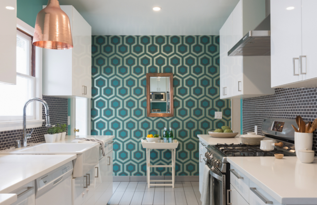 Coddington-bay-area-oakland-hills-kitchen-teal-wallpaper-white-cabinets-alley-design-tile-backsplash