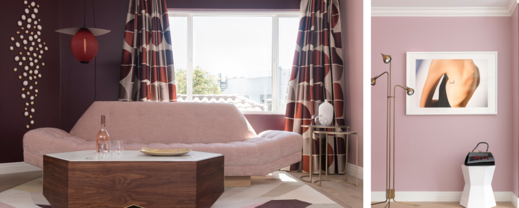Coddington-bay-area-pink-sofa-lighting-fixture-area-rug-coffee-table-colorful-creative-console-mirror-floor-lamp