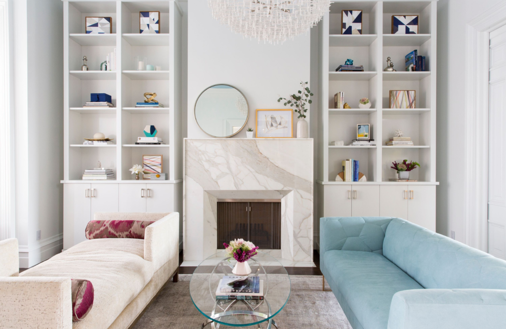 Coddington-bay-area-white-fresh-transitional-heirloom-table-millwork-marble-stone-fireplace-living-room-aqua-sofa