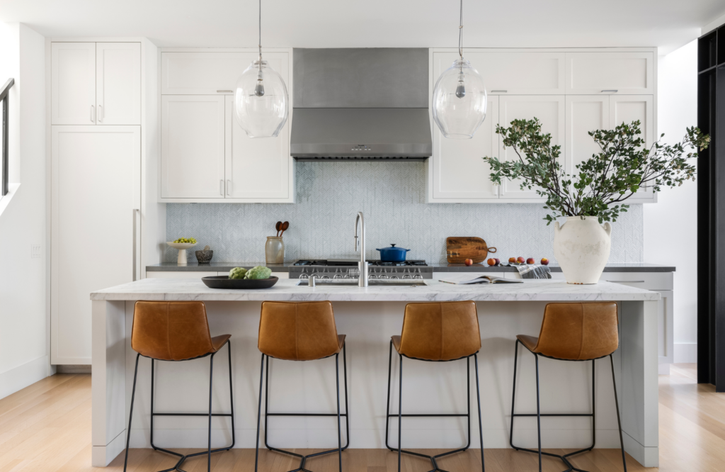 Coddington-design-SF-bay-area-kitchen-white-cabinets-glass-chandelier-leather-counter-stools-porcelain-tile