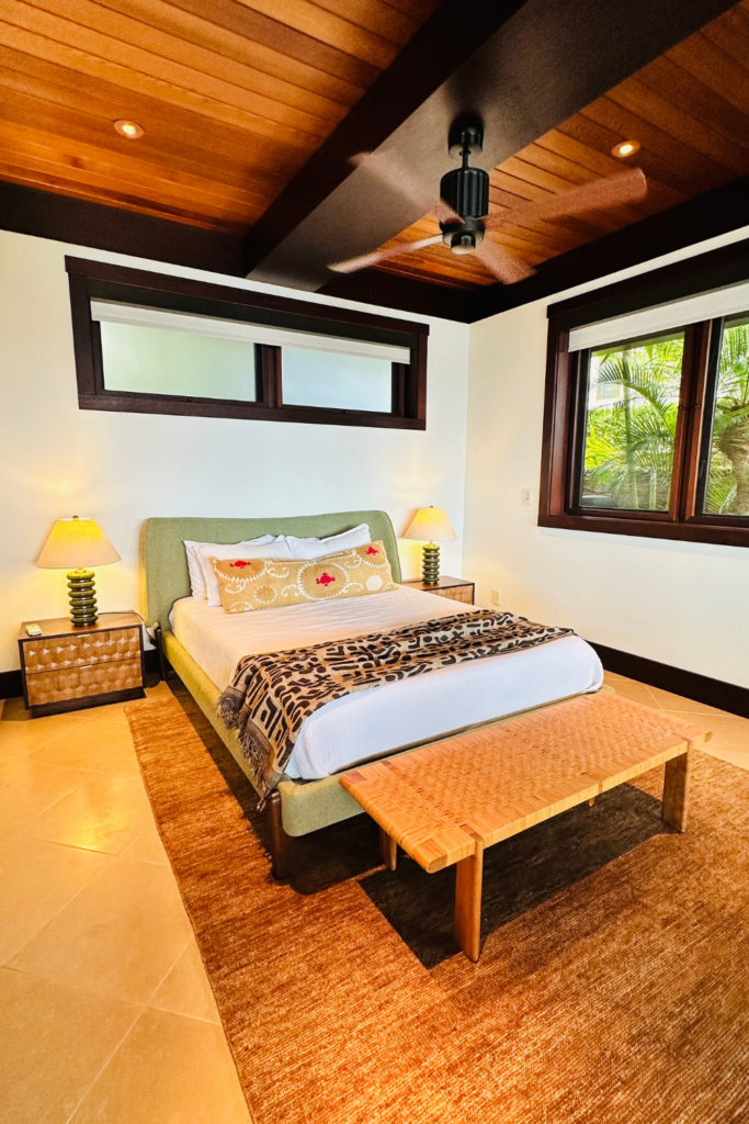 Coddington-design-interiors-bedroom-bay-area-maui-hawaii-marina-green-nighstand-residential-design-table-lamps-bench-woven-rug-organic-earth-material-palette