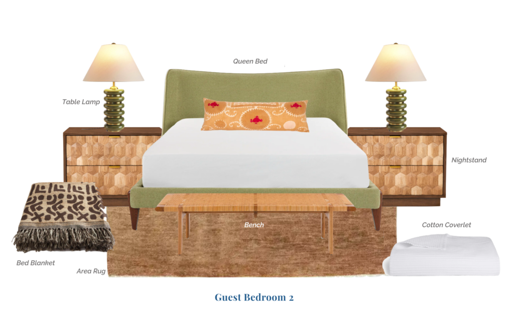 Coddington-design-rendering-bedroom-bay-area-maui-hawaii-marina-green-nighstand-residential-design-table-lamps-bench-custom-bed-woven-rug