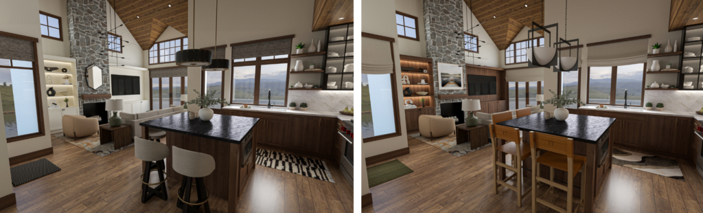 Coddington-design-tahoe-interiors-kitchen-living-light-fixtures-black-pendants-quartz-backsplash-tiles-runner-umber-stools-upholstered-seating-area-rug-sectional
