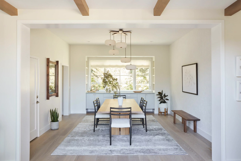 dining room design modern contemporary organic exposed beams white chandelier