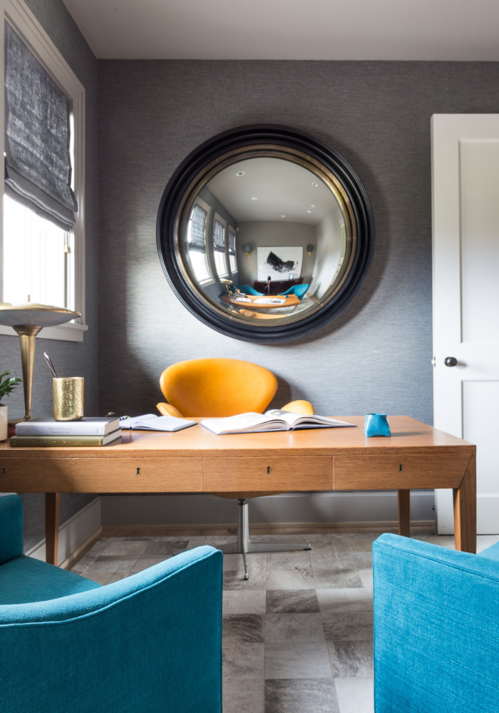 coddington-design-marin-county-ca-wall-decor-ideas-office-with-yellow-modern-desk-chair-and-grey-grasscloth-wallpaper
