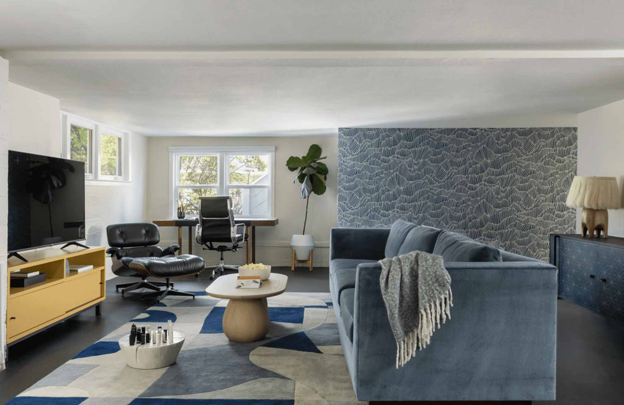 coddington-design-oakland-hills-ca-home-renovation-part-1-game-room-teen-room-blue-sofa-modern-wallpaper